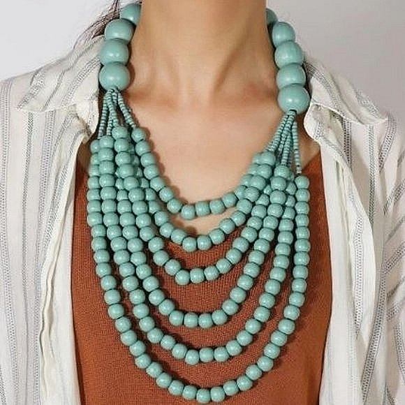 Restocked- "Mint"  Wooden Layered Beaded Necklace - Picture 2 of 2